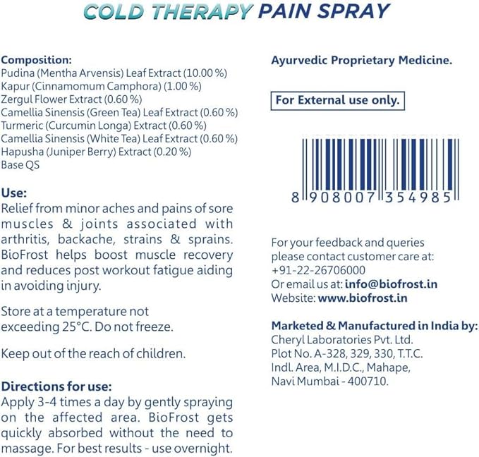 BioFrost Cold Therapy Pain Relief Spray – 100ml – Fast Cooling Relief for Muscle, Joint, Back & Knee Pain – Quick Absorbing, No-Mess Application | All Natural Formula